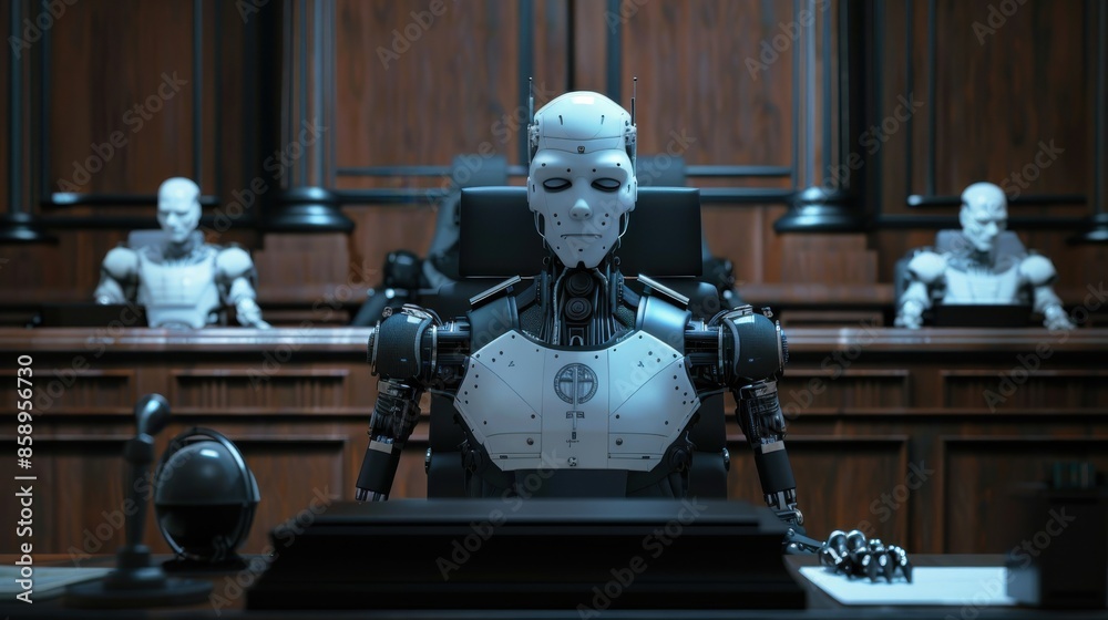 Aufkleber a robot is sitting at a desk in a courtroom. the robot is wearing a suit and has a stern expression 