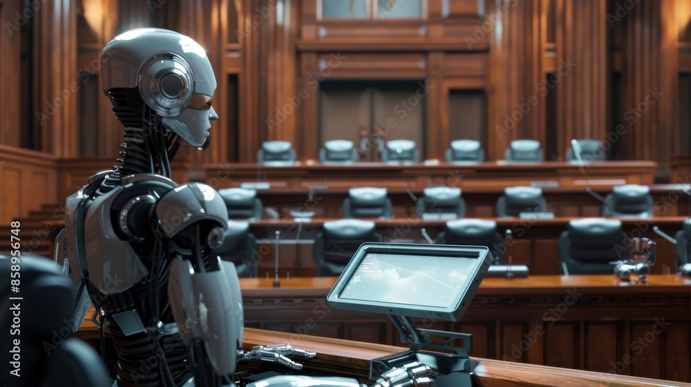 Fototapete A robot is sitting at a desk in a courtroom. The robot is looking at a computer screen