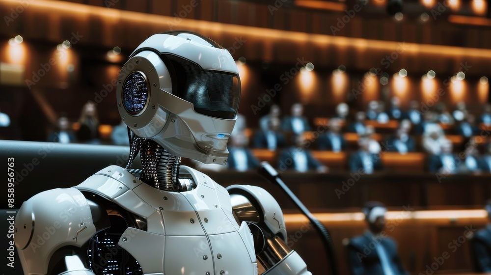 Poster a robot is sitting in a room with people. the robot is wearing a white helmet and has a blue light o
