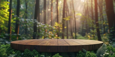 Wooden Tabletop in a Lush Forest