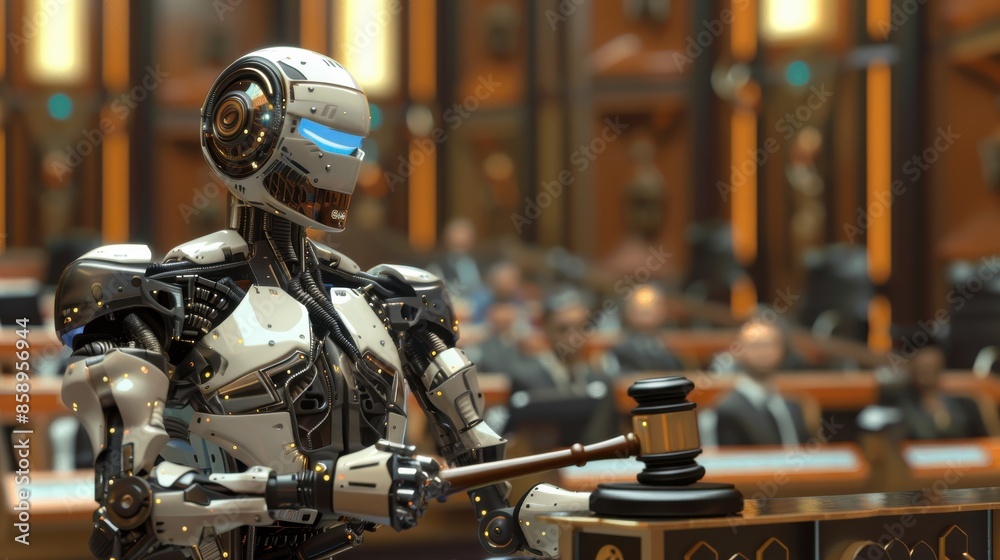 Fototapete a robot is standing in front of a judge's bench, holding a gavel. the robot is wearing a white suit 