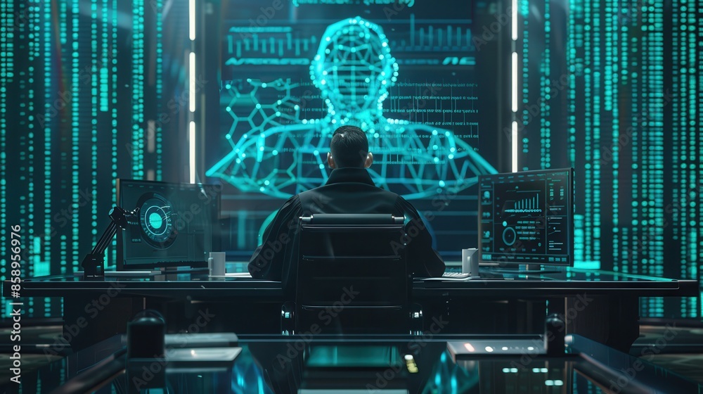 Poster a man is sitting at a computer desk with a large monitor in front of him. the monitor displays a com