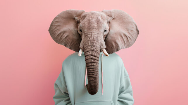 An elephant head on a human body wearing a light blue hoodie against a pastel pink background, creating a surreal and whimsical visual.