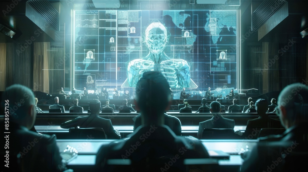 Aufkleber a group of people are sitting in a room with a large screen showing a skeleton