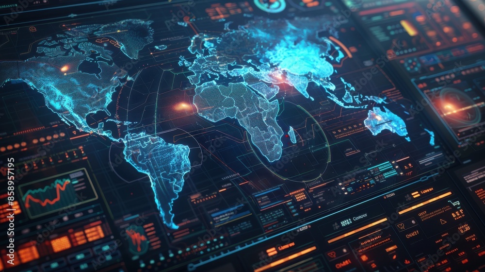 Poster a computer monitor displays a map of the world with a red dot on it. the map is in blue and orange c