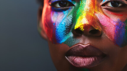 Close-up of a face adorned with vibrant and colorful paint, symbolizing creativity, individuality, and art.
