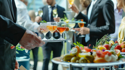 Elegantly dressed guests mingle at a sophisticated cocktail party, enjoying vibrant drinks and fresh fruit platters in a chic outdoor setting.