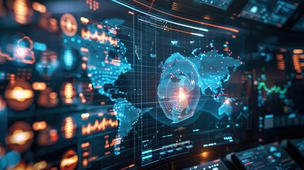 A computer monitor displays a map of the world with a red dot in the middle. The map is surrounded by various icons and buttons, indicating that it is a digital display of some sort