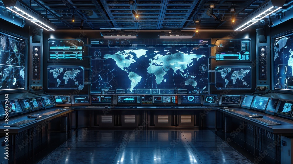 Poster a computer room with a large monitor showing a map of the world. the room is filled with computer mo