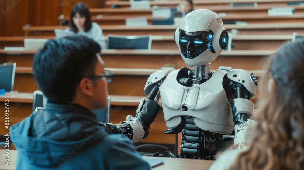 Aufkleber A robot is talking to a man in a classroom. The robot is white and has blue eyes. The man is wearing glasses. The robot is standing in front of a desk