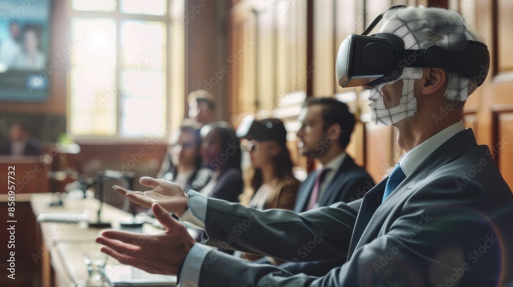 Poster A man in a suit is wearing a virtual reality headset and pointing at something. He is surrounded by other people in suits, all wearing headsets