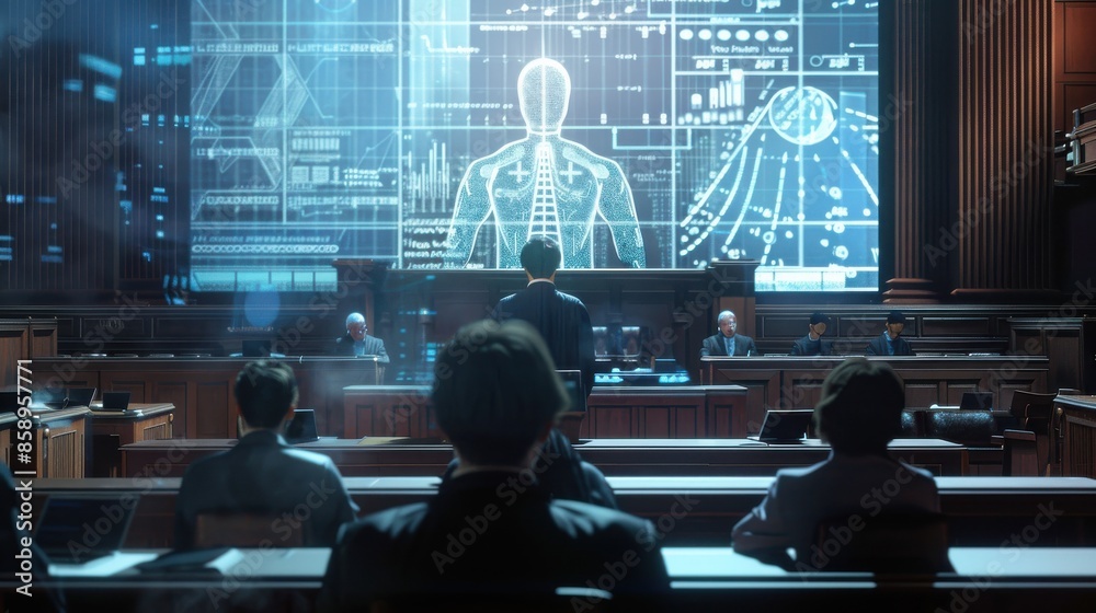 Poster a group of people are sitting in a courtroom with a large screen displaying a skeleton. scene is ser