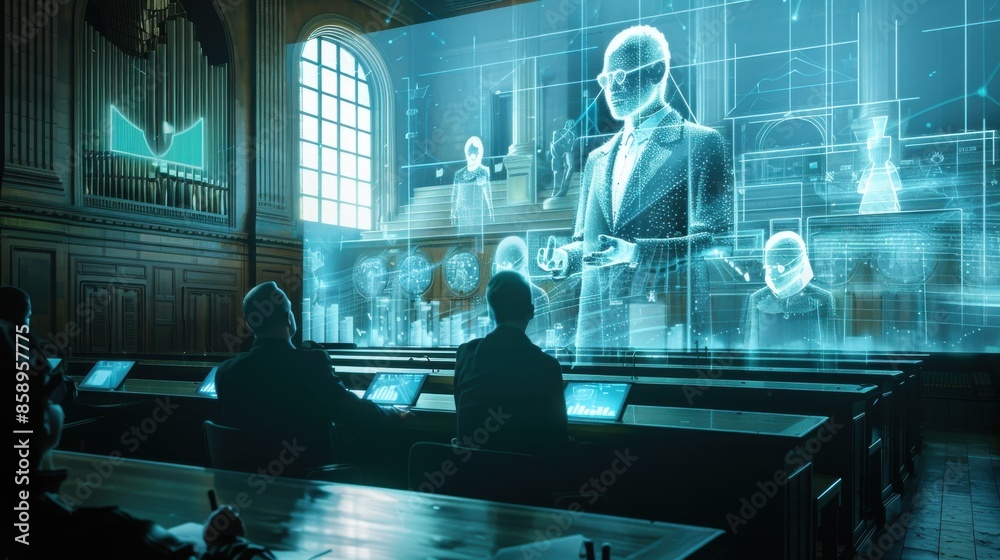 Fototapete a man is giving a presentation in front of a group of people. the presentation is projected on a lar