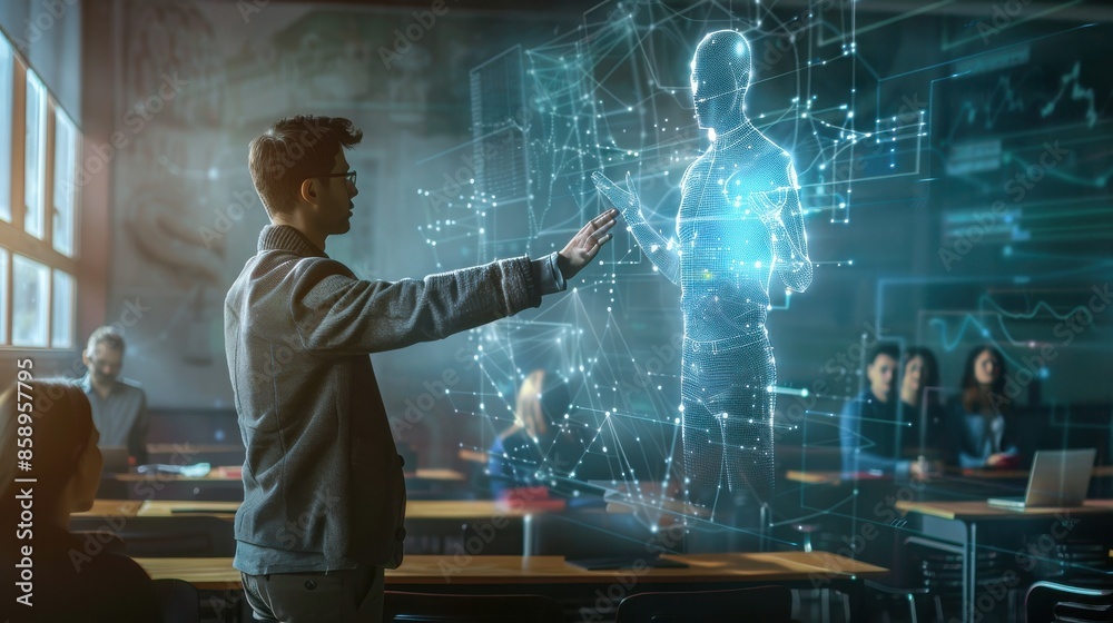 Fototapete A man is pointing at a projection of a man on a screen. The projection is surrounded by a blue and white background. The man is wearing glasses and is standing in front of a group of people