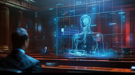 A man is sitting in front of a computer screen that shows a man's skeleton. The man is wearing a suit and tie