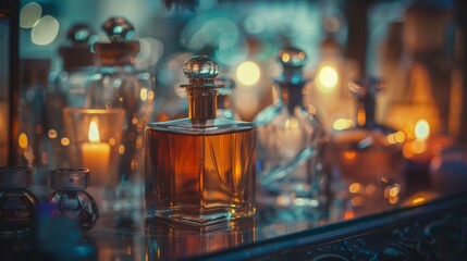 Obraz premium A table with many different sized glass bottles of perfume and a candle