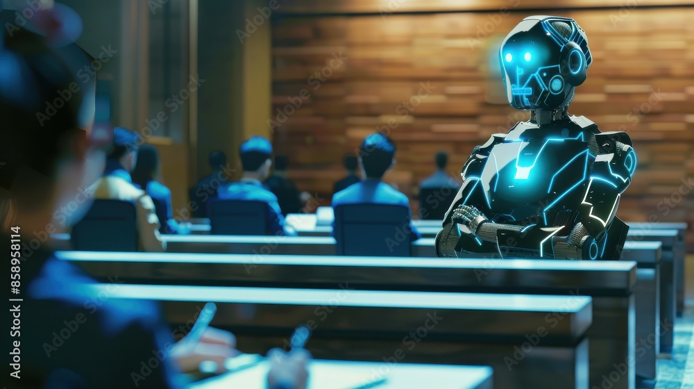 Leinwandbilder a robot is standing in front of a group of people in a classroom. the robot is wearing a blue suit a