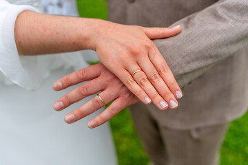 A couple is holding hands and wearing wedding rings