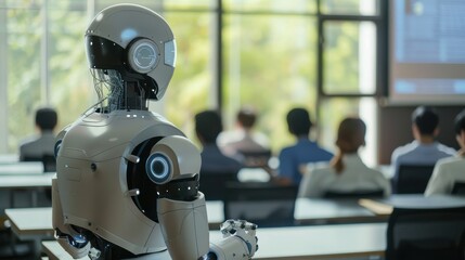 A robot is standing in front of a group of people in a classroom. The robot is white and has a black head. Scene is curious and futuristic
