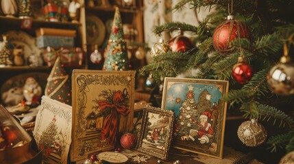 Fototapeta premium Vintage style Christmas card and decoration