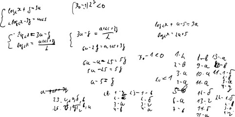 Set of mathematical formulas and solutions to problems and equations. Homework of a student. Vector image of algebra and geometry tasks.	

