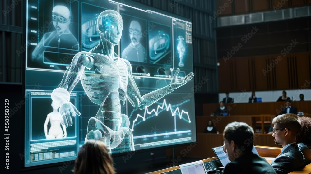 Poster a group of people are looking at a computer screen with a robot on it. the robot is holding a stick 