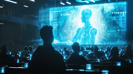 A man is sitting in a dark room with a group of people watching a screen. The screen is displaying a blue and white image of a human body. Scene is futuristic and technological