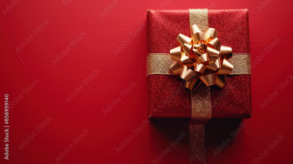 Poster red gift box with ribbon and bow on a red background extreme closeup. generative ai