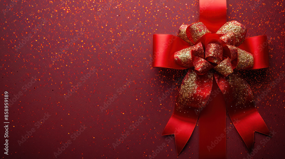 Poster red gift box with ribbon and bow on a red background extreme closeup. generative ai