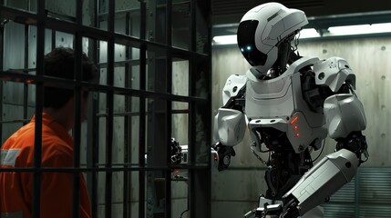 Fototapeta premium A robot is standing in front of a man in a cell. The robot is holding a gun