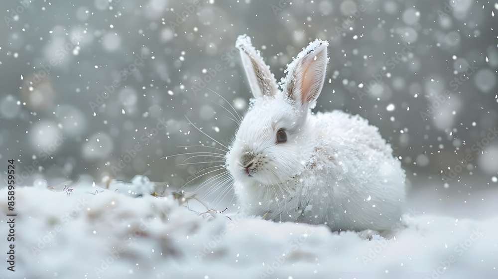 Wall mural white funny fluffy rabbit in the snow.  - Wall murals