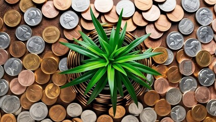 A vibrant representation of financial growth featuring a lush green plant centered amidst a bed of coins, symbolizing prosperity and investment success