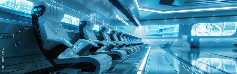 Aufkleber a futuristic space station with a blue interior and rows of chairs. the chairs are white and have a 