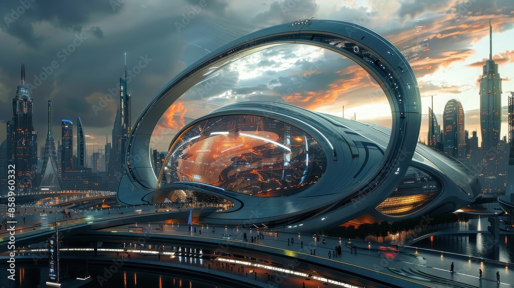 Poster A futuristic city with a large building in the center. The building is surrounded by a large circular structure. The sky is cloudy and the sun is setting