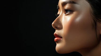 Fototapeta premium Elegant profile of a woman with luminous skin, standing in sharp contrast against a dark background, exuding confidence and classic beauty.