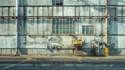 Factory machinery and windows enclosed by concrete wall with cement walkway and road in foreground for text