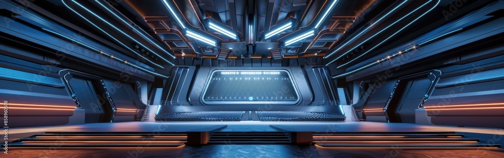 Leinwandbilder a futuristic space with a large open area with a blue ceiling. the space is empty and has a futurist