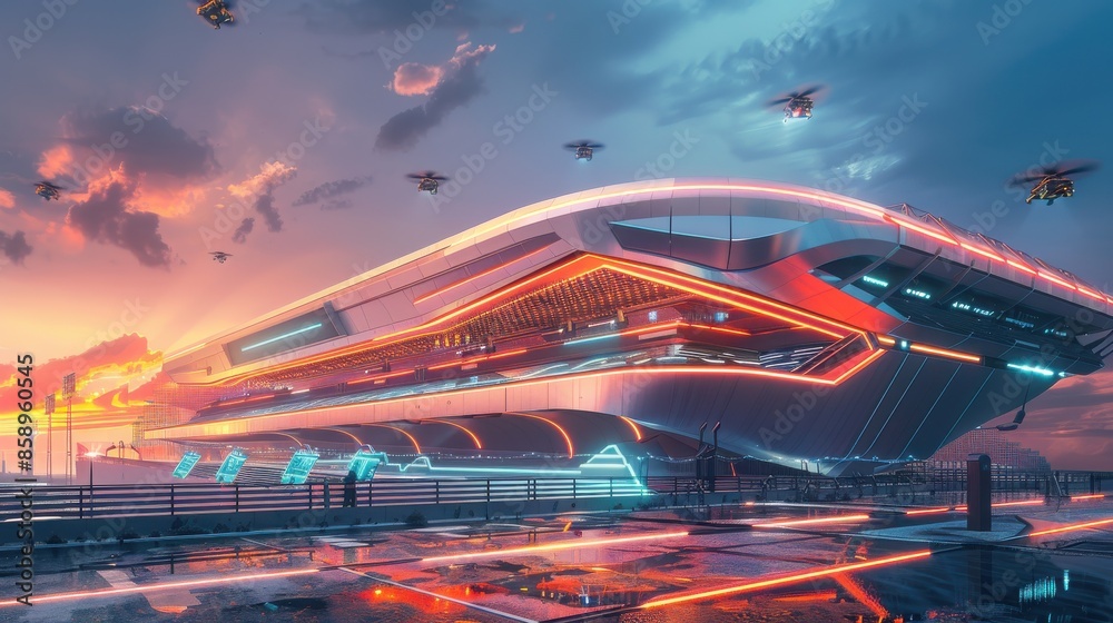Poster a futuristic city with a large building and a lot of helicopters flying around it. scene is futurist