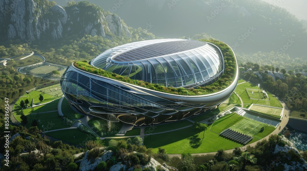 Poster A large building with a green roof and a lot of trees surrounding it. The building is surrounded by a green field and a river