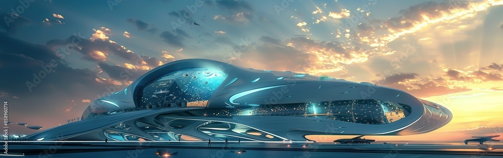 Aufkleber a futuristic building with a large glass dome and a large glass window. the building is surrounded b