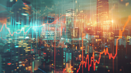 Blurred cityscape overlaid with fluctuating graphs and data points, symbolizing the dynamic nature of financial markets.