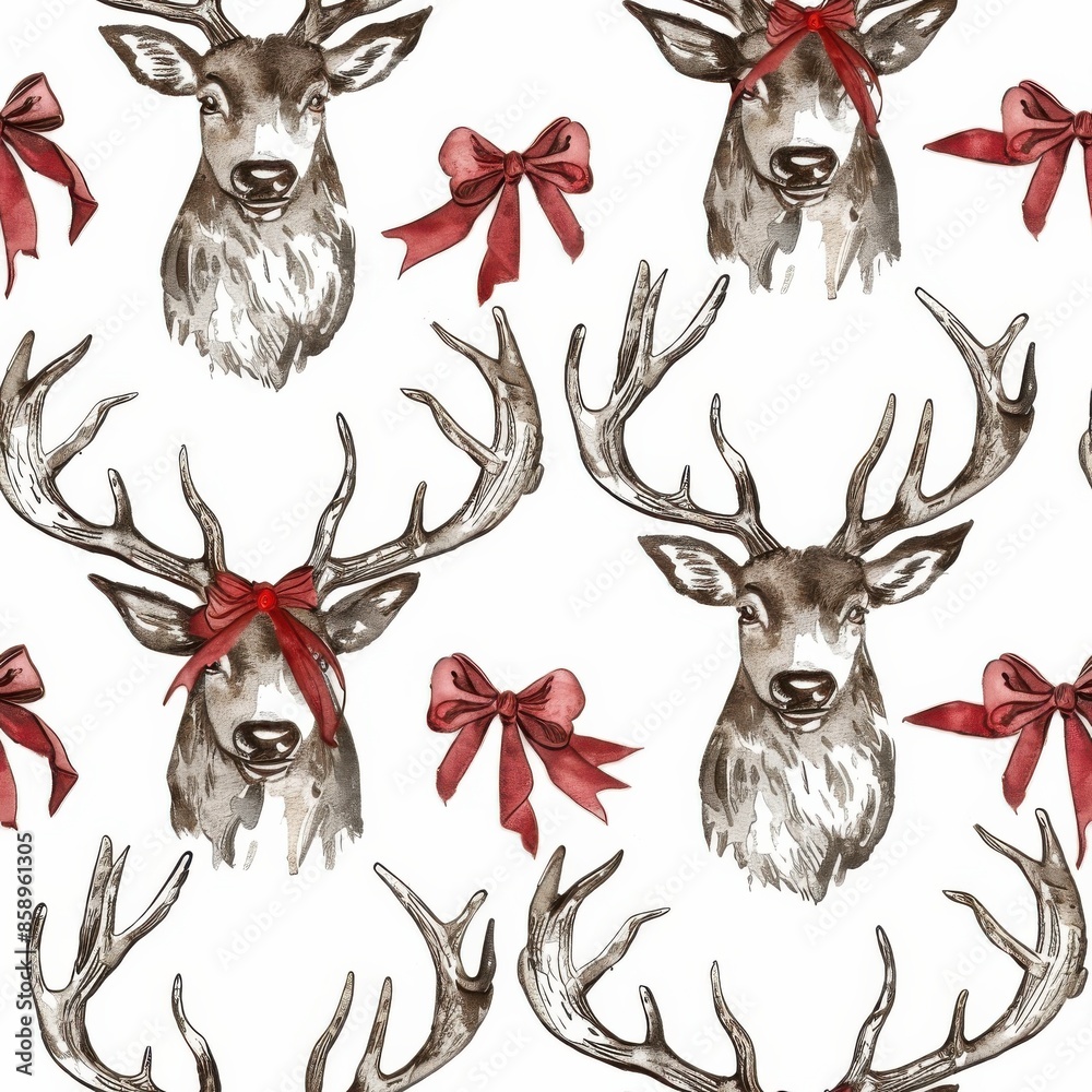 Poster A pattern of deer with red bows on their antlers. The bows are tied in a bow shape, and the deer are positioned in a way that creates a sense of movement and energy