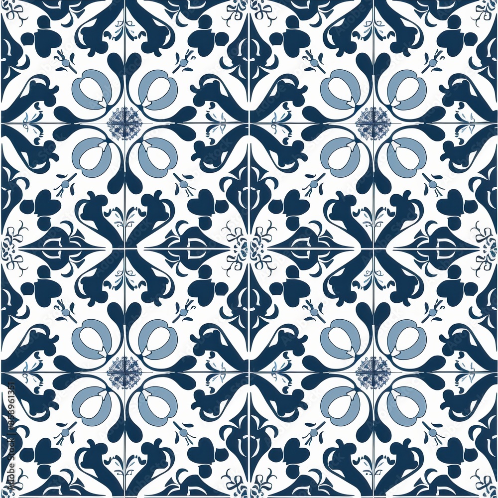 Aufkleber This image features a traditional blue and white floral tile pattern. The pattern is symmetrical and includes a variety of stylized flowers and leaves, creating a visually appealing and intricate desi