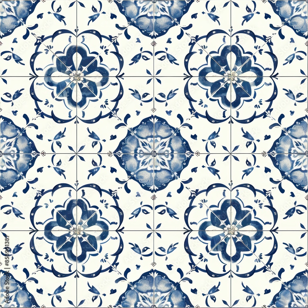 Leinwandbilder A seamless pattern of blue and white floral tiles. The pattern features a central flower surrounded by leaves and smaller flowers. The tiles are arranged in a repeating grid pattern.