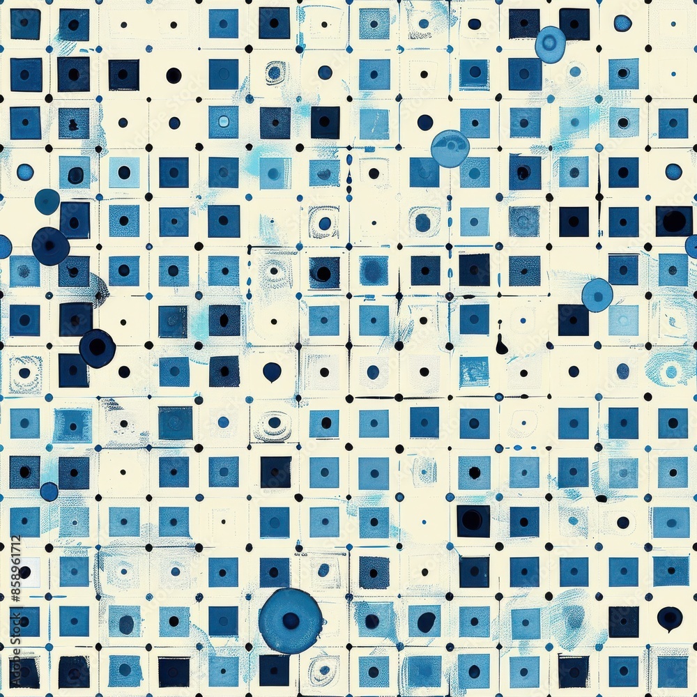 Aufkleber This abstract digital art piece features a repeating pattern of blue squares and circles on a white background. The squares and circles are arranged in a grid-like pattern and are slightly offset from