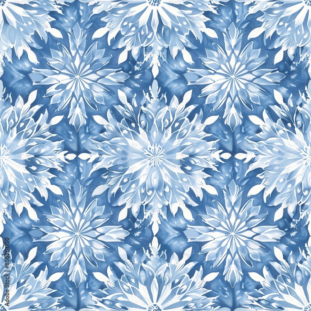Poster a blue and white floral pattern with snowflakes. the pattern is very intricate and detailed