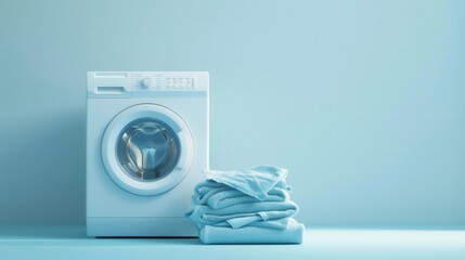 A white washing machine stands against a light blue wall, with a stack of neatly folded clean laundry in front of it. Generative AI