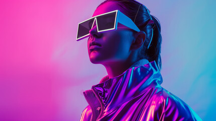 A futuristic portrait featuring a woman in glowing, angular sunglasses and a reflective jacket, bathed in vibrant neon purple and pink lights.