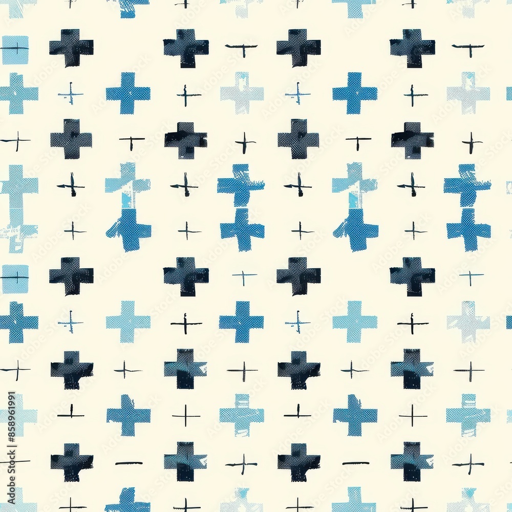 Poster This image features a repeating pattern of blue and black crosses on a white background. The crosses are drawn in a variety of sizes and shades, creating a visually interesting and dynamic design. The