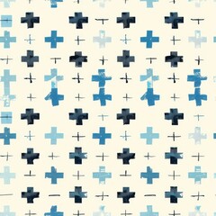 Naklejka premium This image features a repeating pattern of blue and black crosses on a white background. The crosses are drawn in a variety of sizes and shades, creating a visually interesting and dynamic design. The